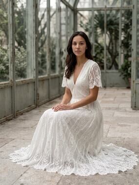 Retro White Lace Plus Size Maxi Dress Short Sleeve V-Neck Lightweight Gown